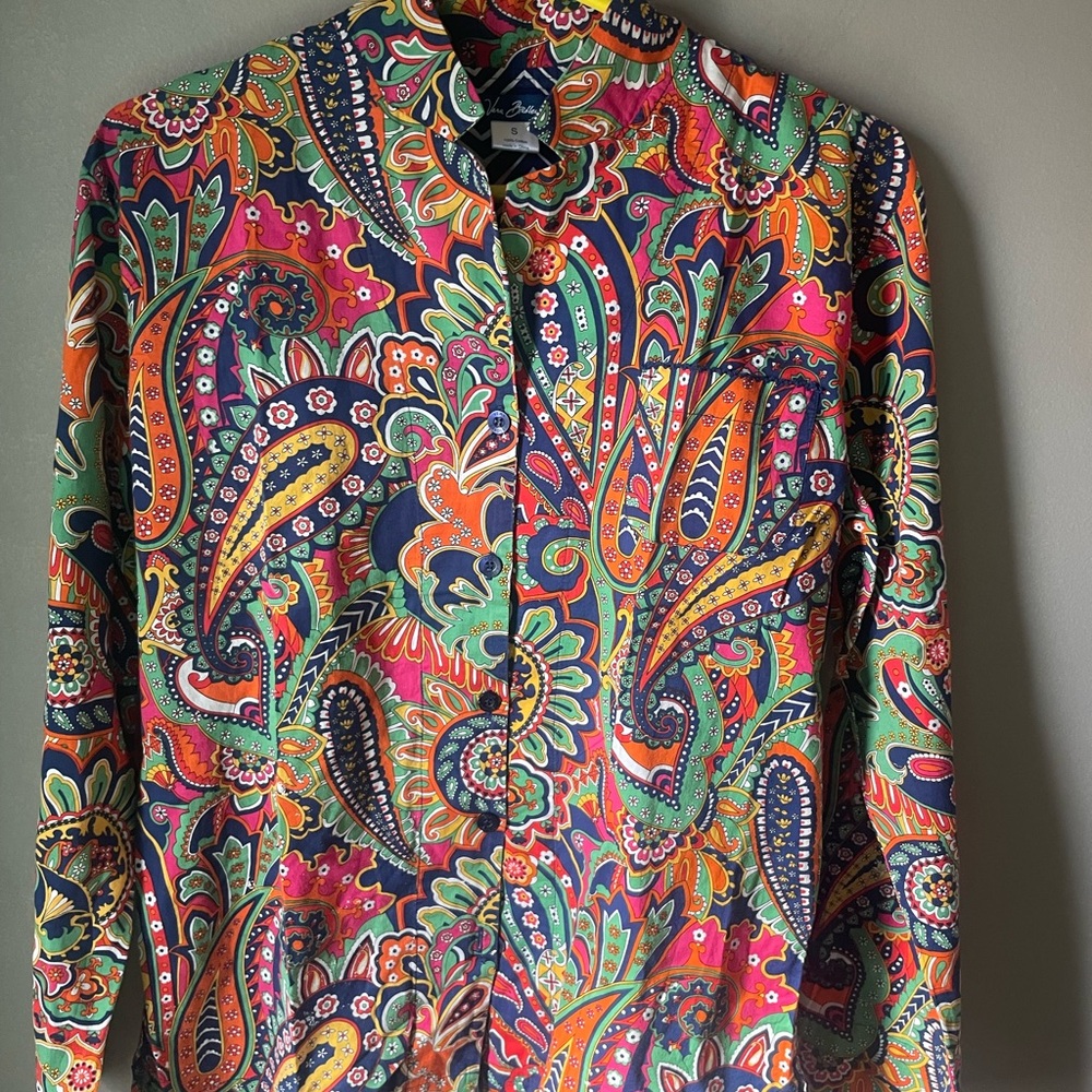 Vera Bradley Womens Colorful Paisley Print Long Sleeve Buttonn Front Top size S